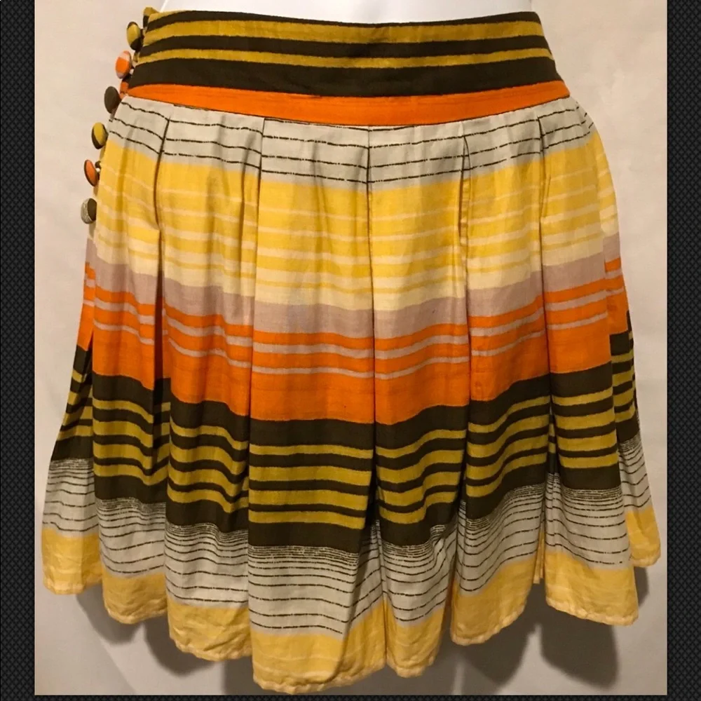 FRENCH CONNECTION Skirt Pleated Mini Striped Cotton Orange Brown Yellow